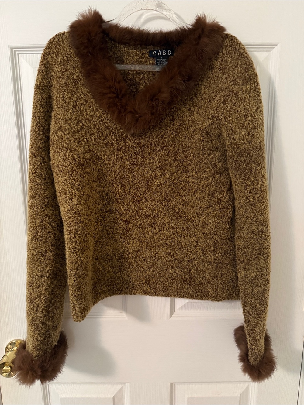 Brown wool blend with Fur Trim V-Neck Sweater